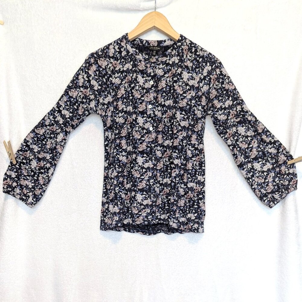 Lucky Brand round collar long sleeve pullover with decorative buttons at neck